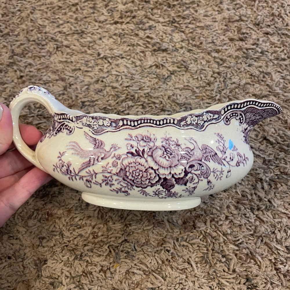 Vintage Crown Ducal Bristol Purple Transferware Gravy Boat England Birds Floral